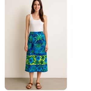 Vintage Ellen Figg Women Tropical Floral Faux Wrap Skirt Blue Yellow